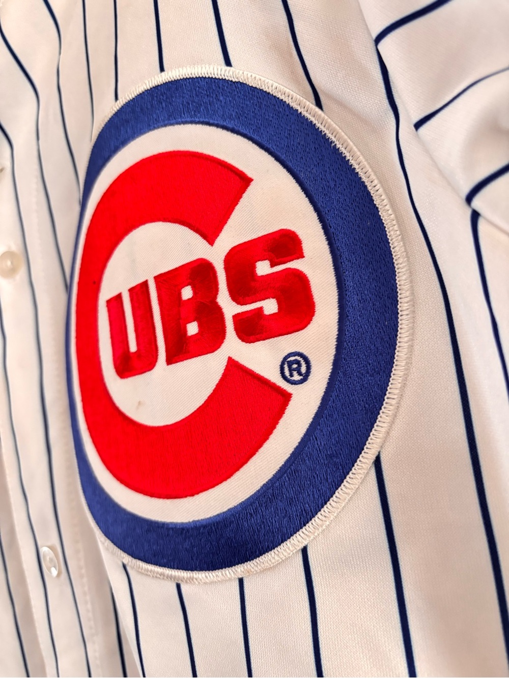 Majestic White Pinstripe Baseball Jersey with Blue and Red Logo - Picture 4 of 8